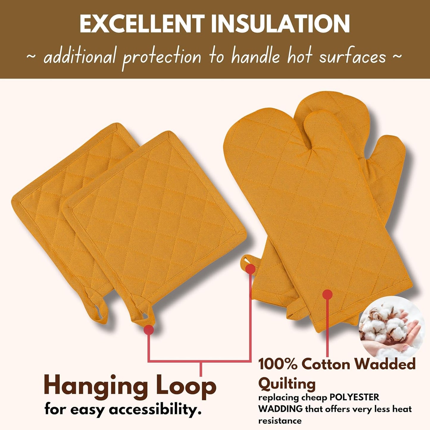 Native Fab 4 Piece Set - 2 Oven Mitts & 2 Potholders, Heat Resistant, 100% Cotton, Quilted Design, Non-Slip Grip, Machine Washable, Ideal for Baking, Cooking, BBQ, Kitchen Protection - Mustard Yellow