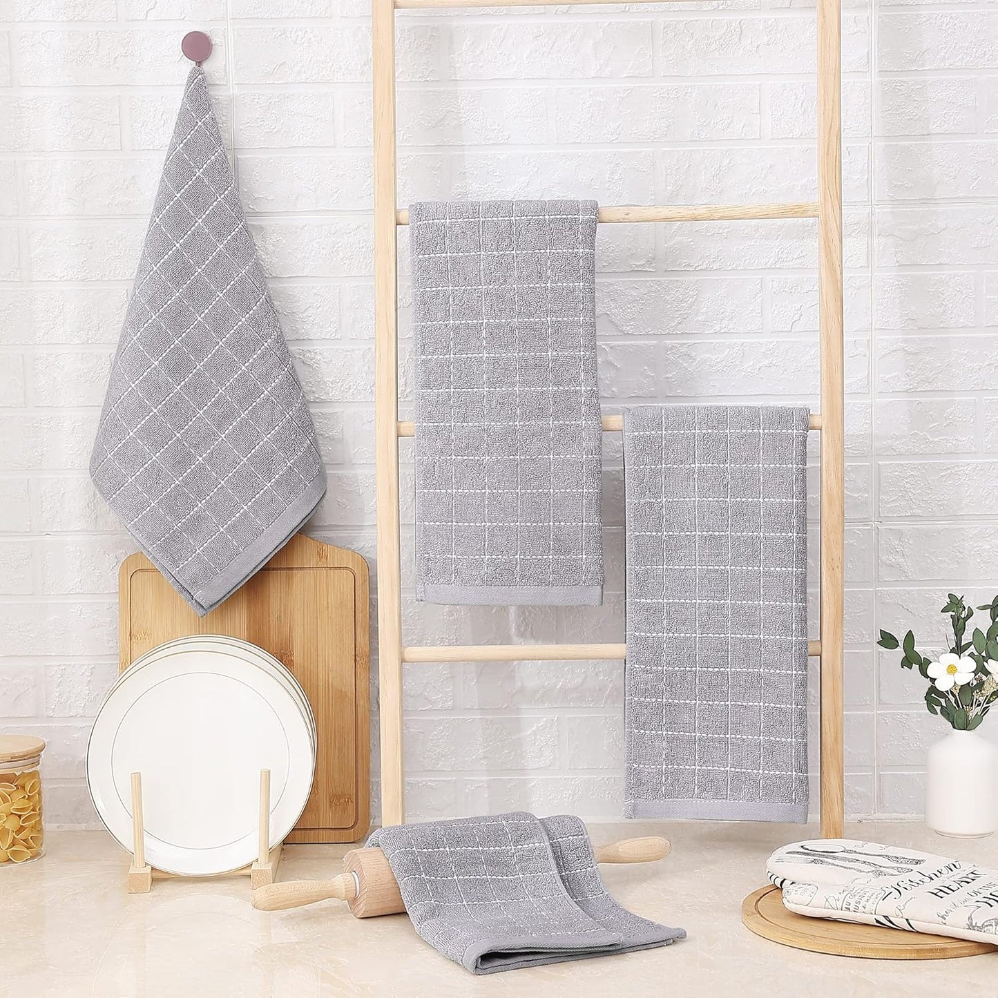 Homaxy 100% Cotton Terry Kitchen Towels(Light Grey, 13 x 28 Inches), Checkered Designed, Soft and Super Absorbent Dish Towels, 4 Pack