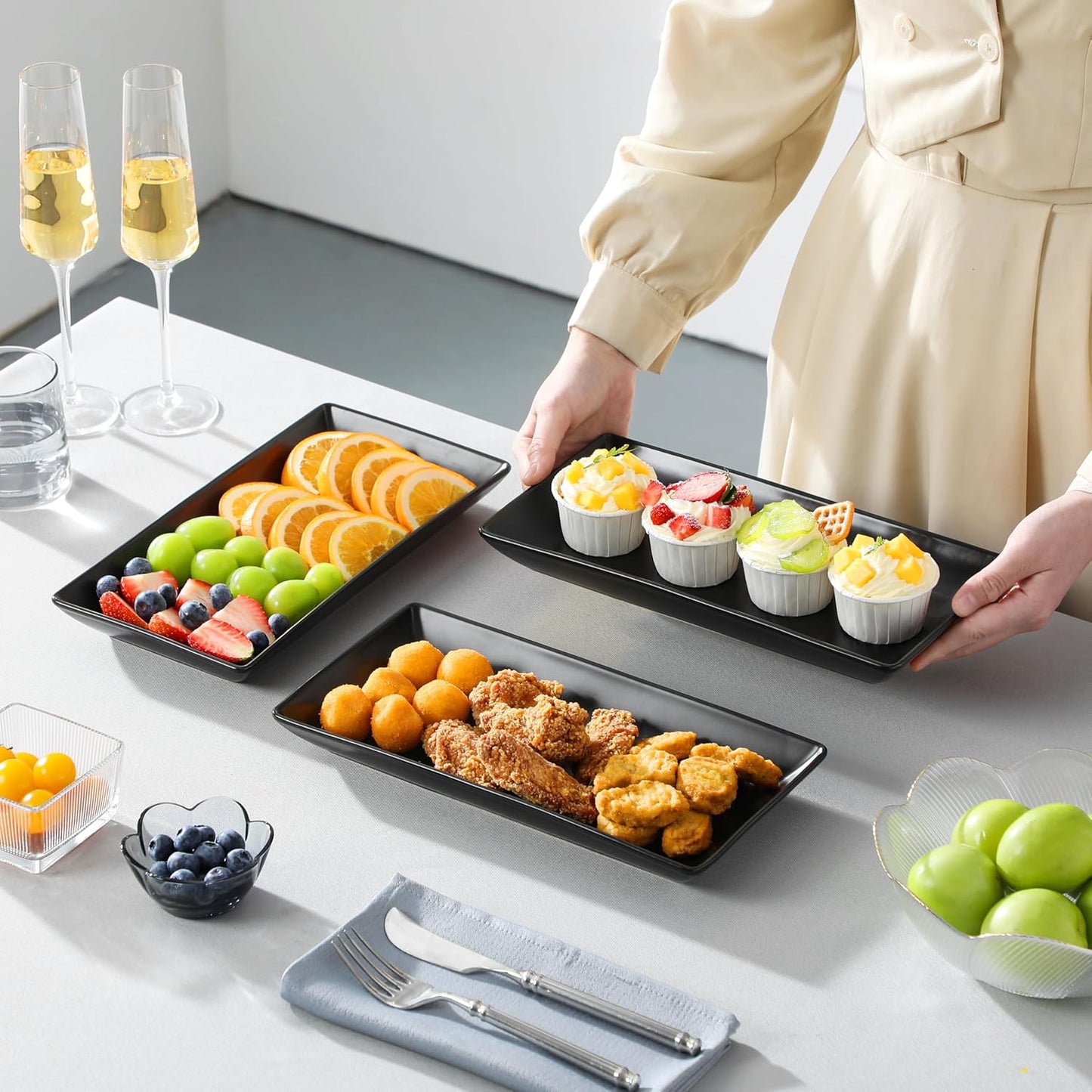 MALACASA 3 Tier Serving Trays for Party, 12 Inch Porcelain Black Trays for Serving Food, Dessert Stand with Collapsible Gold Metal Rack