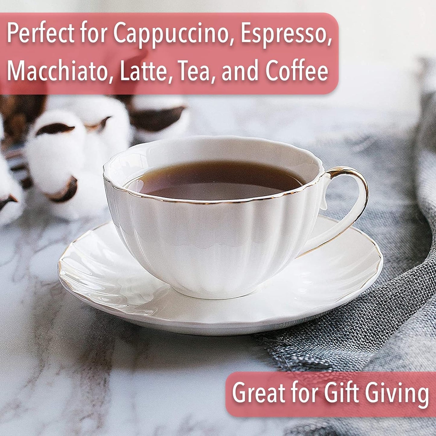 BTaT- White Tea Cups and Saucers Set of 6 (7 oz), Porcelain White Tea Cup Set with Golden Trim Design, Dishwasher Safe