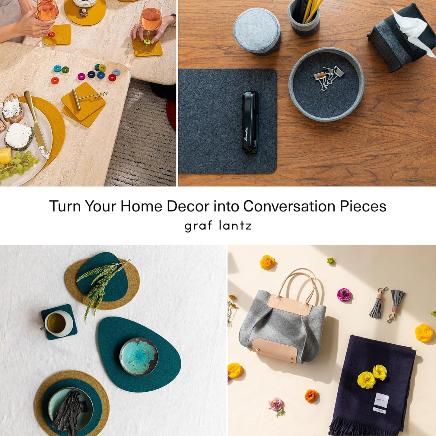 Graf Lantz - Bierfilzl Merino Wool Square Coasters Set of 4 - Chic (4"x4"x5mm) - Absorbs 30% of Weight - Natural German Wool - Heat Resistant, Sustainable, Reusable - Home Decor, Coffee Table Decor