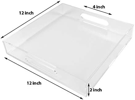 Clear Sturdy Acrylic Serving Tray with Handles - 12x12Inch - Coffee, Appetizer, Breakfast, Butler Tray - Kitchen Countertop & Makeup Drawer Organizer
