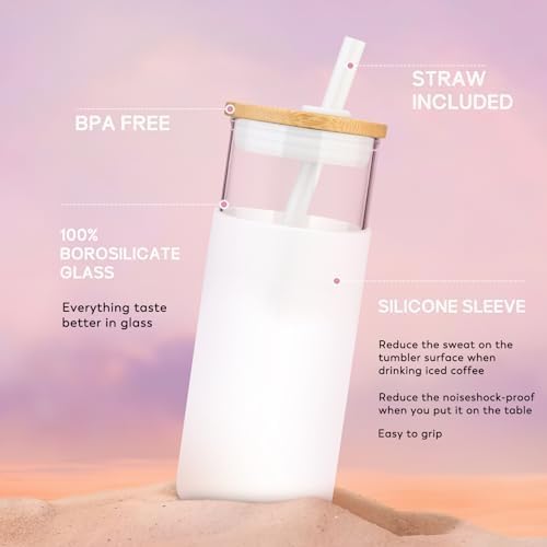 Tronco 20 oz Glass Tumbler with Straw and Lid- Glass Cup with Lid and Straw, Iced Coffee Cup Reusable, Smoothie Cups, Bamboo Lid and Protective Silicone Sleeve - BPA-Free