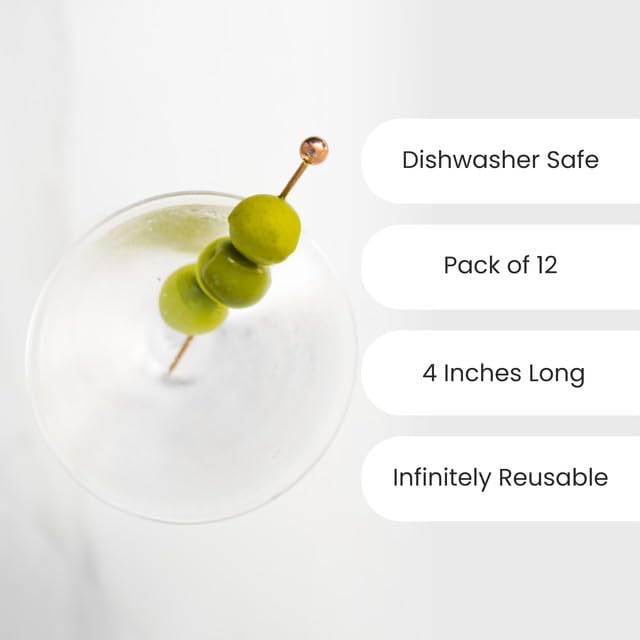 A Bar Above 12-Piece Gold Cocktail Picks, Short Stainless Steel Garnish Skewers for Appetizers, Martinis, Old Fashioneds, Shrimp Cocktail, Bloody Marys, and Premium Drink Presentations