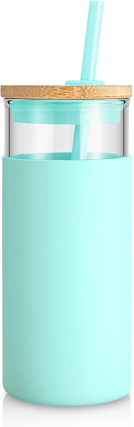 Tronco 20 oz Glass Tumbler with Lid & Straw - Iced Coffee Cup & Smoothie Cup With Silicone Sleeve | BPA-Free, Dishwasher Safe | Reusable Glass Cups with Bamboo Lids and Straws (Blessed Blue, 1 Count)