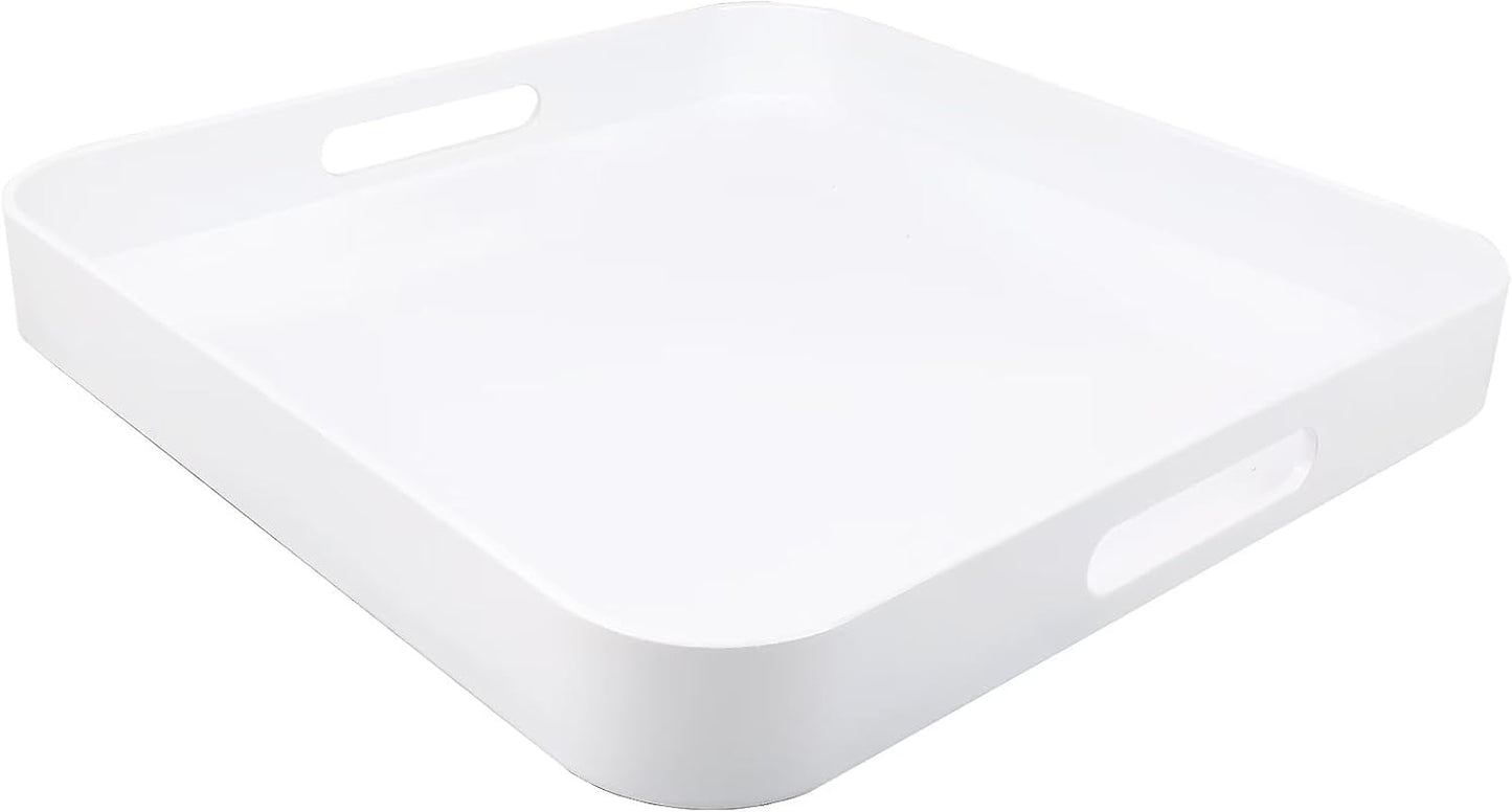 Square White Decorative Serving Tray with Handles, Versatile Ottoman Tray for Coffee Table, Entertaining, Outdoor Patio, Living Room, 13”*13”*1.6”