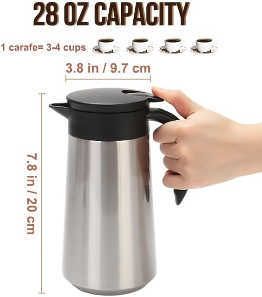 28oz Thermal Coffee Carafe Insulated Coffee Pot, Small Stainless Steel Coffee Carafes For Keeping Hot, Double Walled Insulated Vacuum Flask Pot for Tea Hot Water Coffee Beverage