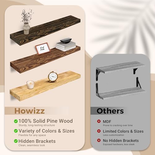 72'' Pine Wood Floating Shelf for Wall - Rustic Wall Mounted Wooden Shelf for Stylish Home Décor, Fireplace Mantel 72inch (Light Walnut, 72x8x2) - 1pcs