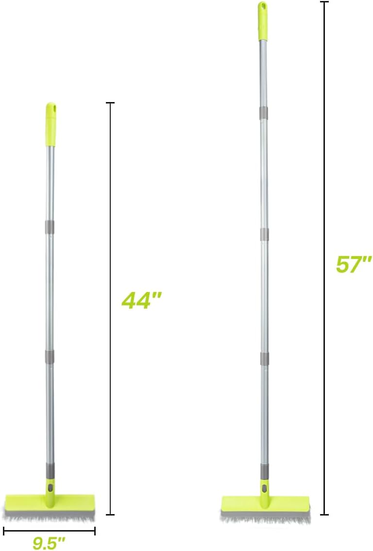 Floor Scrub Brush 2 in 1 Scrubber and Squeegee, Stiff Bristle Deck Brush for Cleaning Concrete, Patio, Garage, Kitchen, Carpet and Bathroom 57" Long Handle