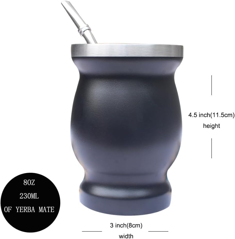 Beruth 8oz Yerba Mate Cup Set, Double Wall 304 Stainless Steel Mate Gourd, Heat Insulated Mug & Anti-Scalding Design, Includes 2 Bombillas & Cleaning Brush （Black）