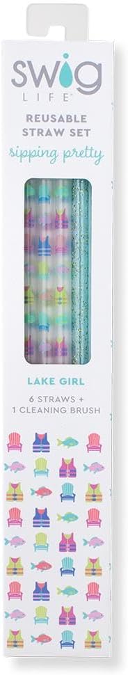 Swig Life Reusable Straws Lake Girl+ Aqua Glitter Tall Straw Set & Cleaning Brush, Each Straw is 10.25 inch Long (Fits Swig Life 20oz Tumblers, 22oz, and 32oz Tumblers)