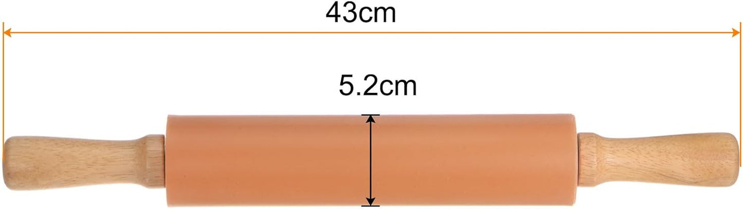 HARFINGTON Silicone Rolling Pins for Baking 17 Inch Wooden Handle Non Stick Rolling Pin Small Roller Playdough Rolling Pins for Dough Pizza Pastry Fondant Kitchen, Brown