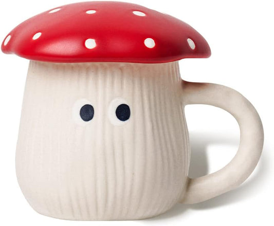 Cute Mushroom Mug with Lid, Handmade Glaze Cover & Eyes, Safety Matt Ceramic Milk Mugs, 12 oz Cartoon Tea Cup. Best Gifts for Women & Girls.