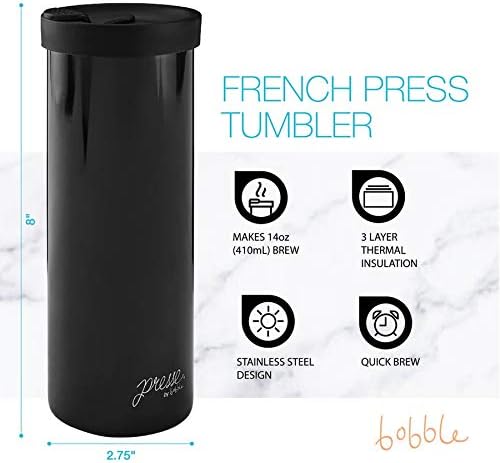 bobble French Coffee Presse, On-The-Go use, Quick Brew, Slim Design, Triple Wall Insulation, 14 oz (Blue)