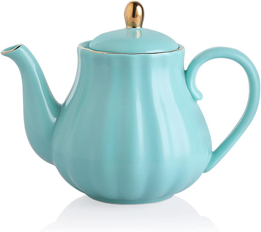 Sweejar Royal Teapot, Ceramic Tea Pot with Removable Stainless Steel Infuser, Blooming & Loose Leaf Teapot - 40 Ounce (Turquoise)