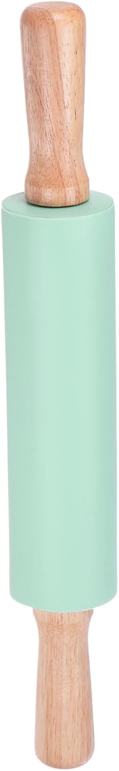 HARFINGTON Silicone Rolling Pins for Baking 14.96 Inch Non-Stick Silicone Surface Wooden Handle Rolling Pin Small Roller Playdough Rolling Pins for Fondant Kitchen Dough Pizza, Green