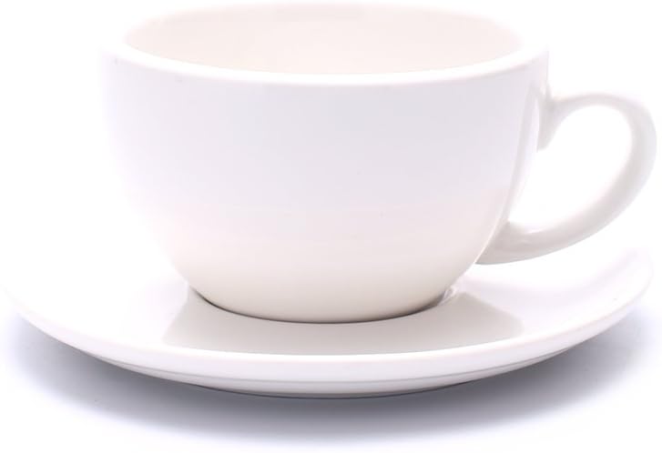 Latte Art Ceramic Cup and Saucer Cappuccino Fine Porcelain, Mate for Coffee Shop and Barista (Glossy White, 10.5 oz)