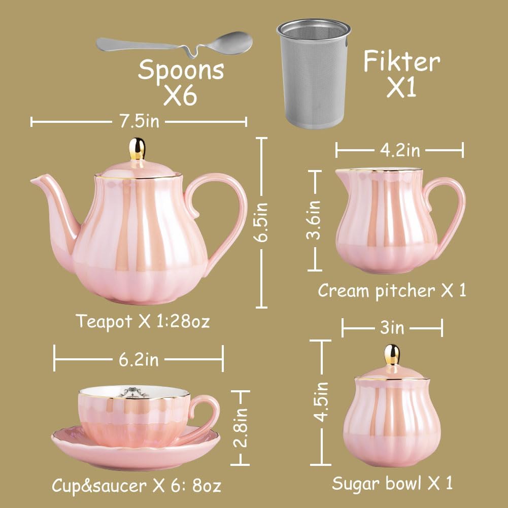 Porcelain Tea Sets British Royal Series, 8 OZ Cups& Saucer Service for 6, with Teapot Sugar Bowl Cream Pitcher Teaspoons and tea strainer for Tea/Coffee (Coral White)