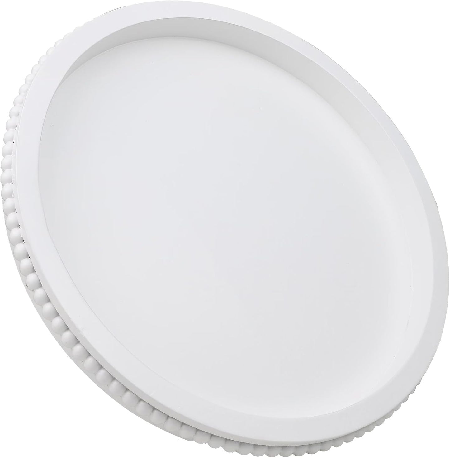 Round Wood Serving Tray with Beaded, 13” Rustic Wooden Decorative Coffee Table Tray for Centerpiece, Ottoman, Farmhouse Circle Trays for Counter, Living Room, Home Decor (White)