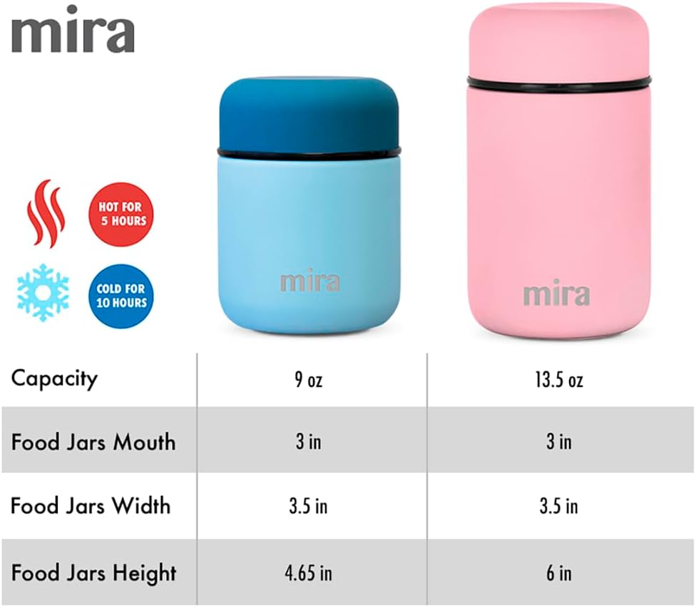 MIRA 2 Pack Insulated Food Jar Thermos for Hot Food & Soup, Compact Stainless Steel Vacuum Lunch Container, 13.5 oz, Sky, Denim