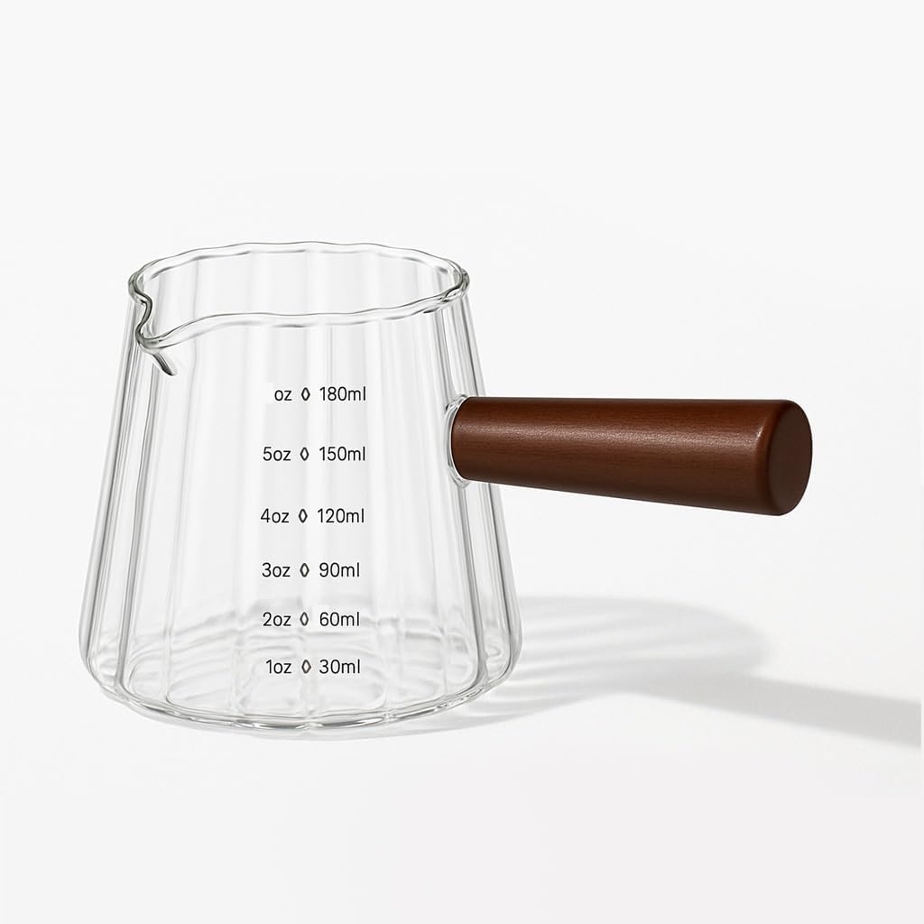 Espresso Cups 6oz/180ml Measuring Cups Glass Espresso Shot Cups Ribbed Espresso Shot Glass with Wooden Handle,Coffee Bar Accessories Milk Frothing Pitcher