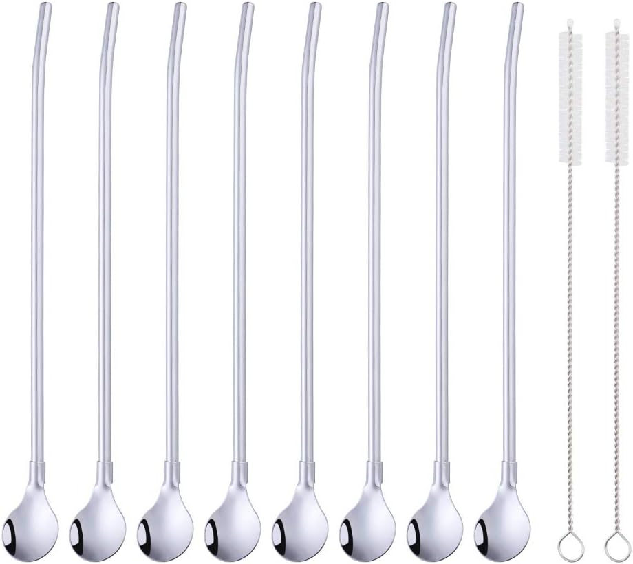 Straws - 8 PCS Silver 8.5 Inch 18/8 Stainless Steel Reusable Metal Straws With 2 Cleaning Brushes