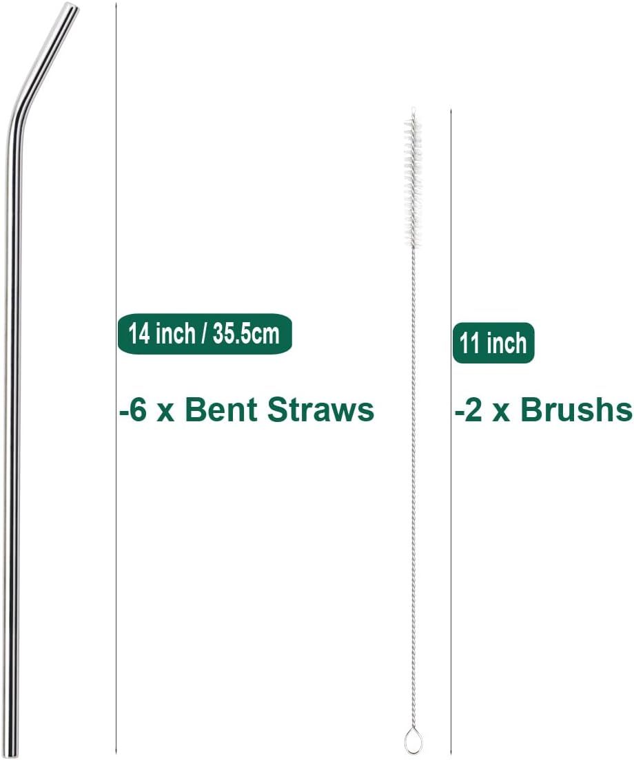 6 Pack Ultra Long Bent Metal Straws, 14 Inch Extra Long 304 Stainless Steel Reusable Drinking Straws with Cleaning Brush for 100oz Tumbler, 12.5oz Tall Wine Bottle, 64oz Water Bottle, 128oz Water Jug