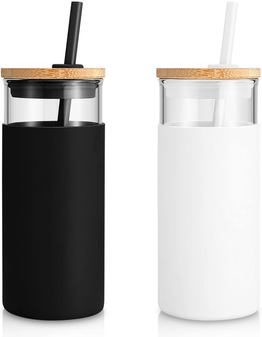 Tronco 20oz Glass Tumbler Glass Water Bottle Straw Silicone Protective Sleeve Bamboo Lid - BPA Free (White Black)