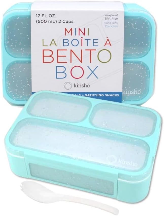 kinsho Glitter Bento Snack Containers with Lids, Mini Bento-box Lunch-Box for Toddler Daycare and Small Kids, Travel Meal Container, Leak-proof 2 pack Set, Pastel Blue + Teal Sparkle