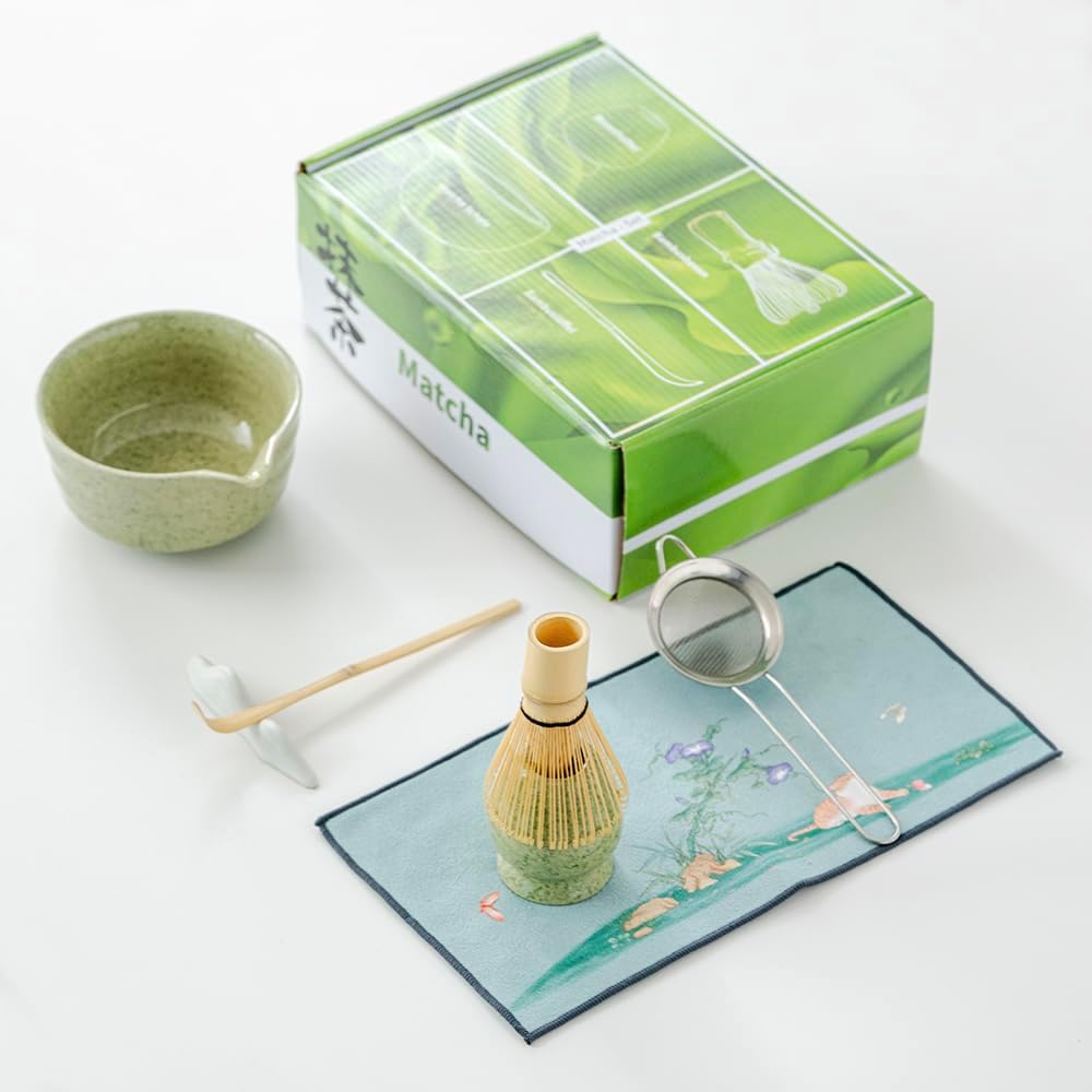 matcha whisk set,matcha set, including matcha bowl, matcha whisk and stand, sieve, spoon, cloth mat, gift for matcha lovers (Green)