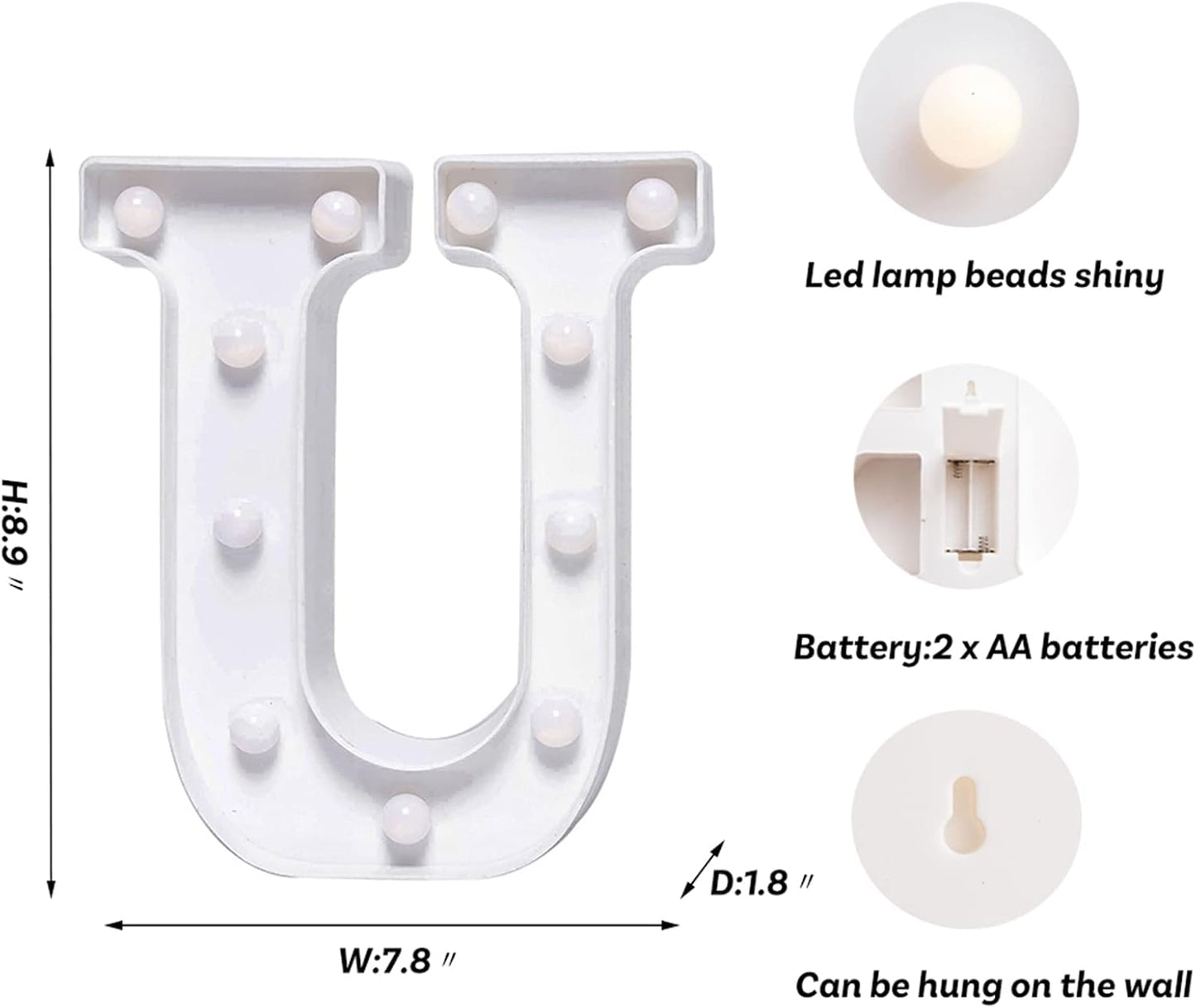 Foaky LED Letter Lights Sign Marquee Light Up Letters Sign for Night Light Wedding/Birthday Party Battery Powered Christmas Lamp Home Bar Decoration(U)