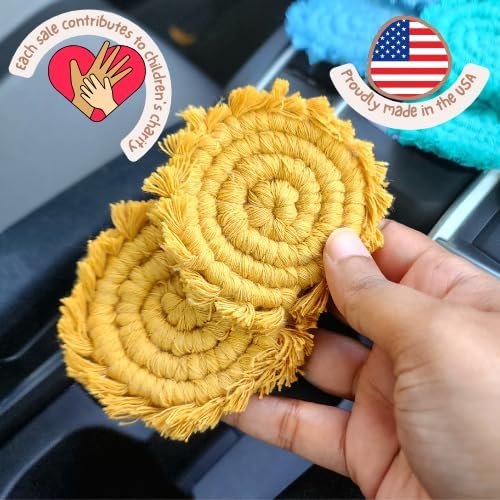 Cotton Car Coasters for Cup Holders, 2PC Car Cup Coasters, Drink Coaster Holder, Cute cupholder Coaster Accessories for Women, Macrame, Boho (Sunshine Yellow)