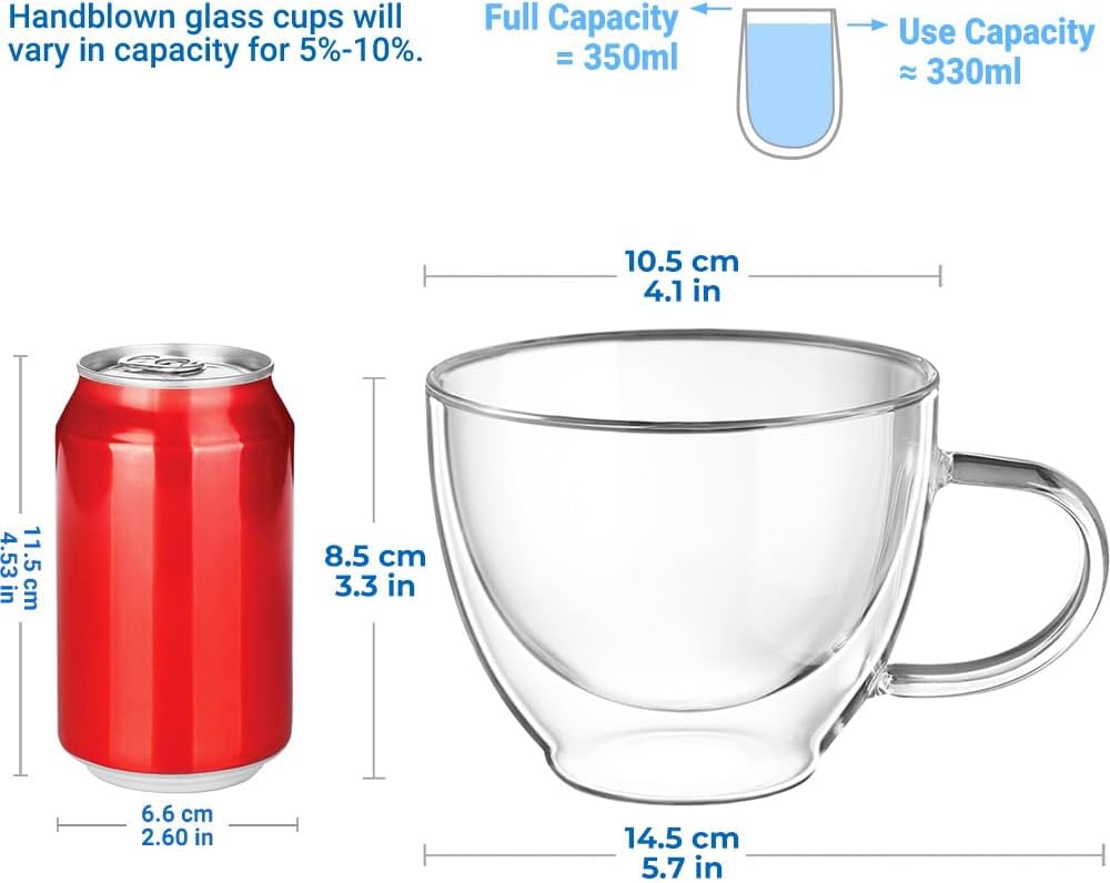 ecooe Double Walled Glass Coffee Mug 12 oz Latte Cappuccino Cups Set of 2, Clear Glass Coffee Cups with Handle, 350 ml Insulated Coffee Cup Borosilicate Heat Resistant Glass Coffee Mug Tea Cup
