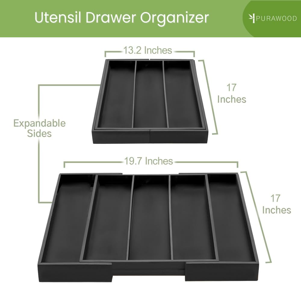 Purawood Kitchen Drawer Organizer - Expandable Utensil Organizer for Kitchen, Cutlery Tray & Silverware Organizer, 3-5 Slots - Bamboo Drawer Organizer for Utensils & Flatware (Black)
