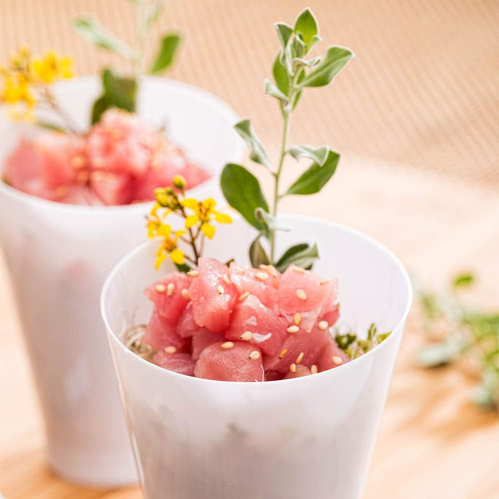 Restaurantware 7 Ounce Plastic Glasses 100 Round Incline Shooter Cups- Disposable Small White Plastic Round Bowls Unique Design For Soups Appetizers Or Desserts