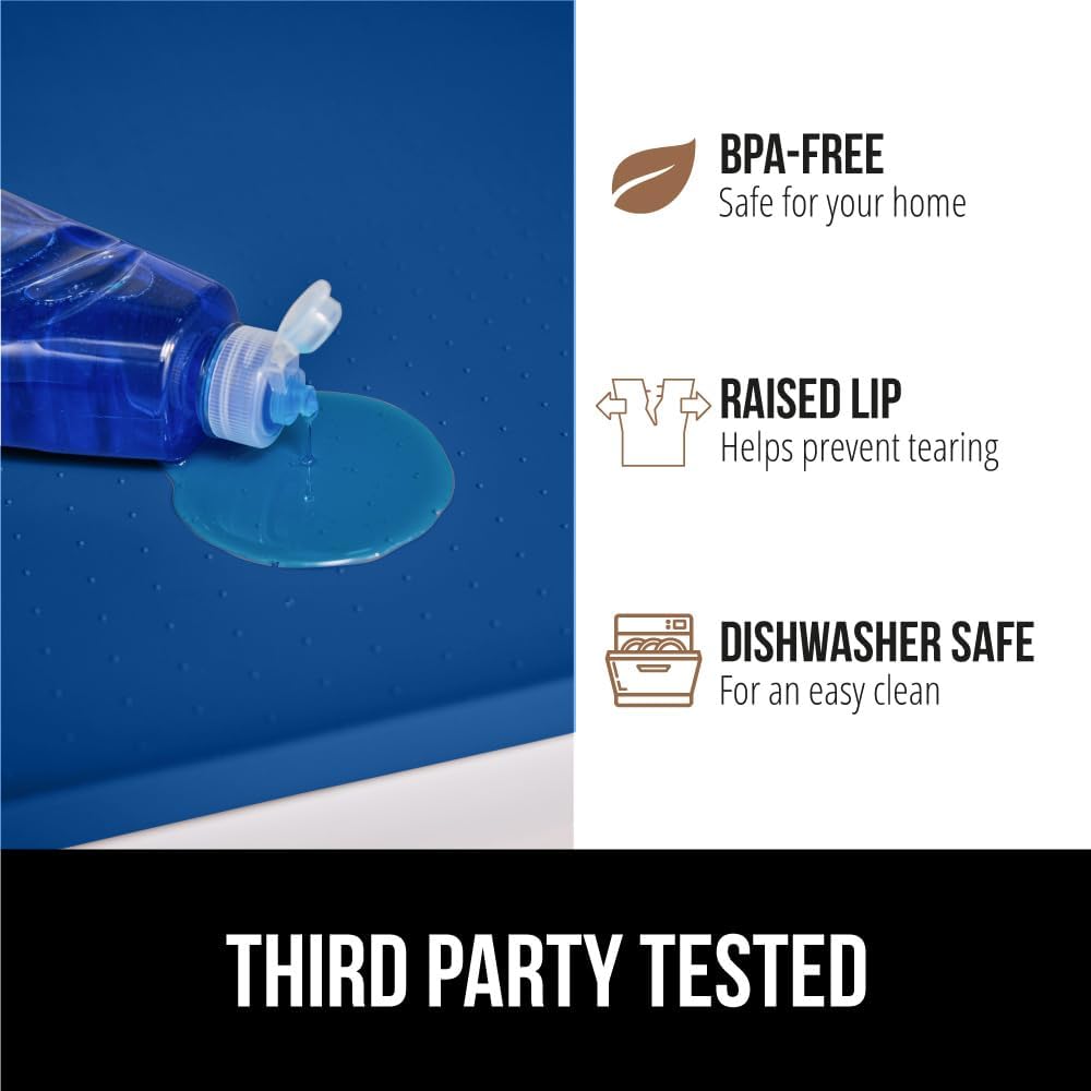 GORILLA GRIP Waterproof Silicone Under Sink Mat with Raised Lip for Kitchen and Bathroom, Cabinet Shelf Liner Stay in Place Mats Dishwasher Safe Drawer Liner, Organizer Tray, 15 x 22 in, Blue