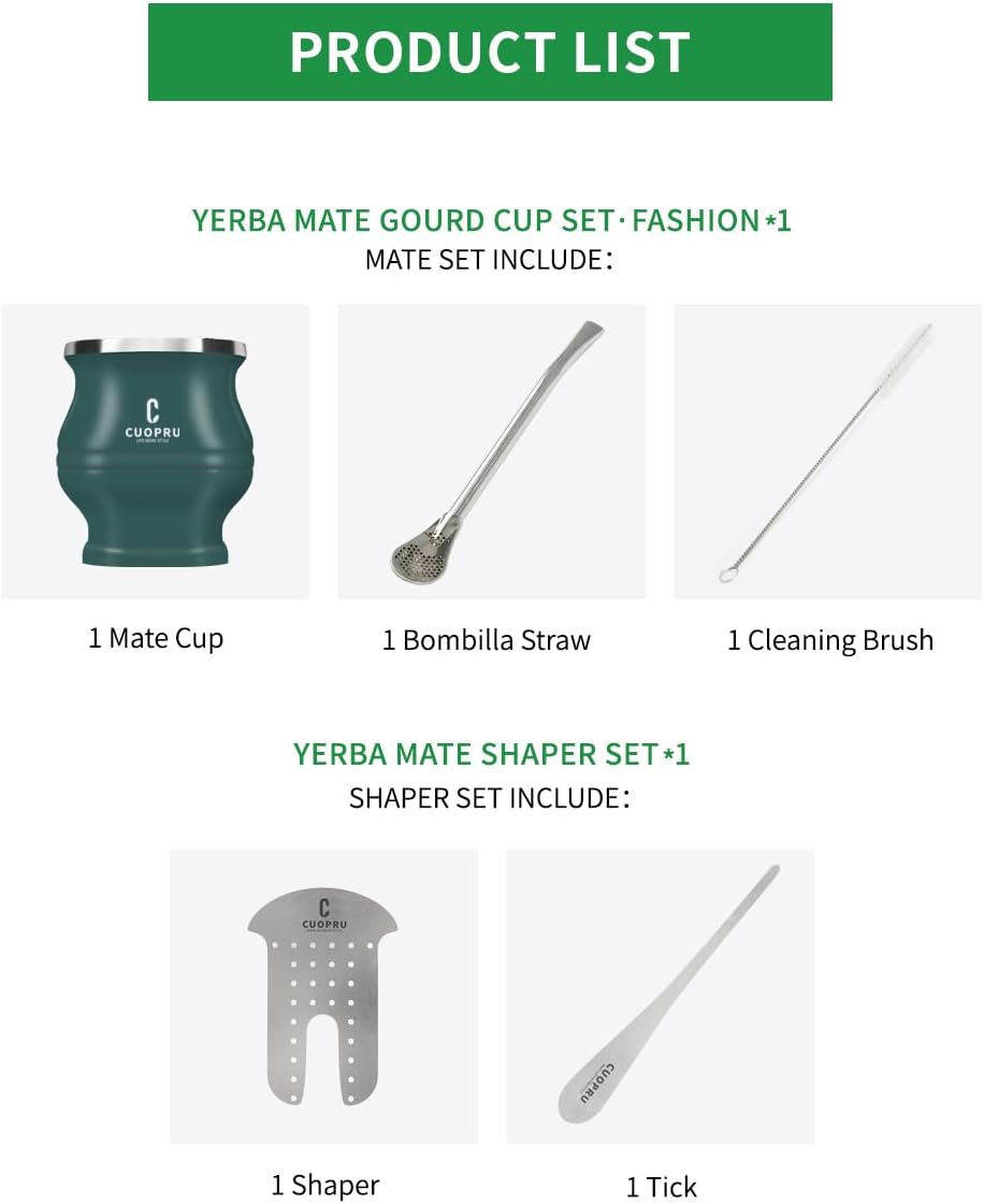Stainless Steel Yerba Mate Cup and Set - 6.7 oz, Army Green, Modern Design