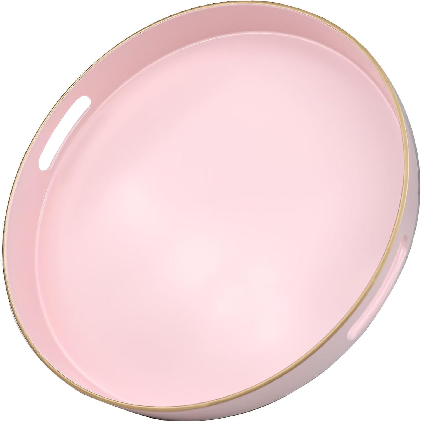 Pink Round Decorative Tray with Handles, 13" Versatile Serving Tray for Coffee Table, Ottoman, Ideal for Serving, Displaying, Organizing