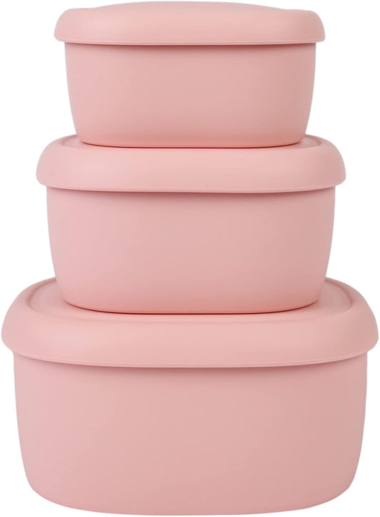BLUE GINKGO Nesting Silicone Containers - Set of 3 Hard-Shell Silicone Food Storage Containers | BPA Free, Airtight, Dishwasher and Freezer Safe (6.7oz, 10oz, 20oz) - Pink