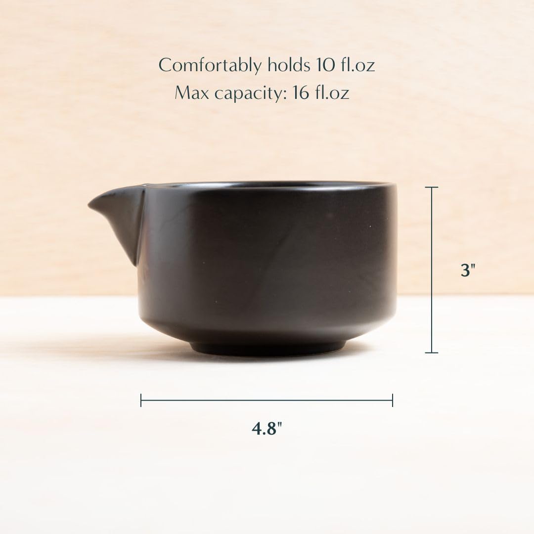 Naoki Matcha Traditional Ceramic Chawan Matcha Tea Bowl with Pour Spout Set - Hand Made Ceramic with Black Matte Glaze - For Perfectly Whisked Matcha Green Tea (18 Ounce)