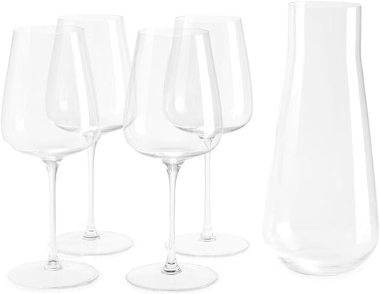 Fable Premium Wine Set - Includes 4 Crystal Wine Glasses and 1 Durable Glass Carafe - Dishwasher Safe Crystalware Bundle with Matching Carafe, Clear
