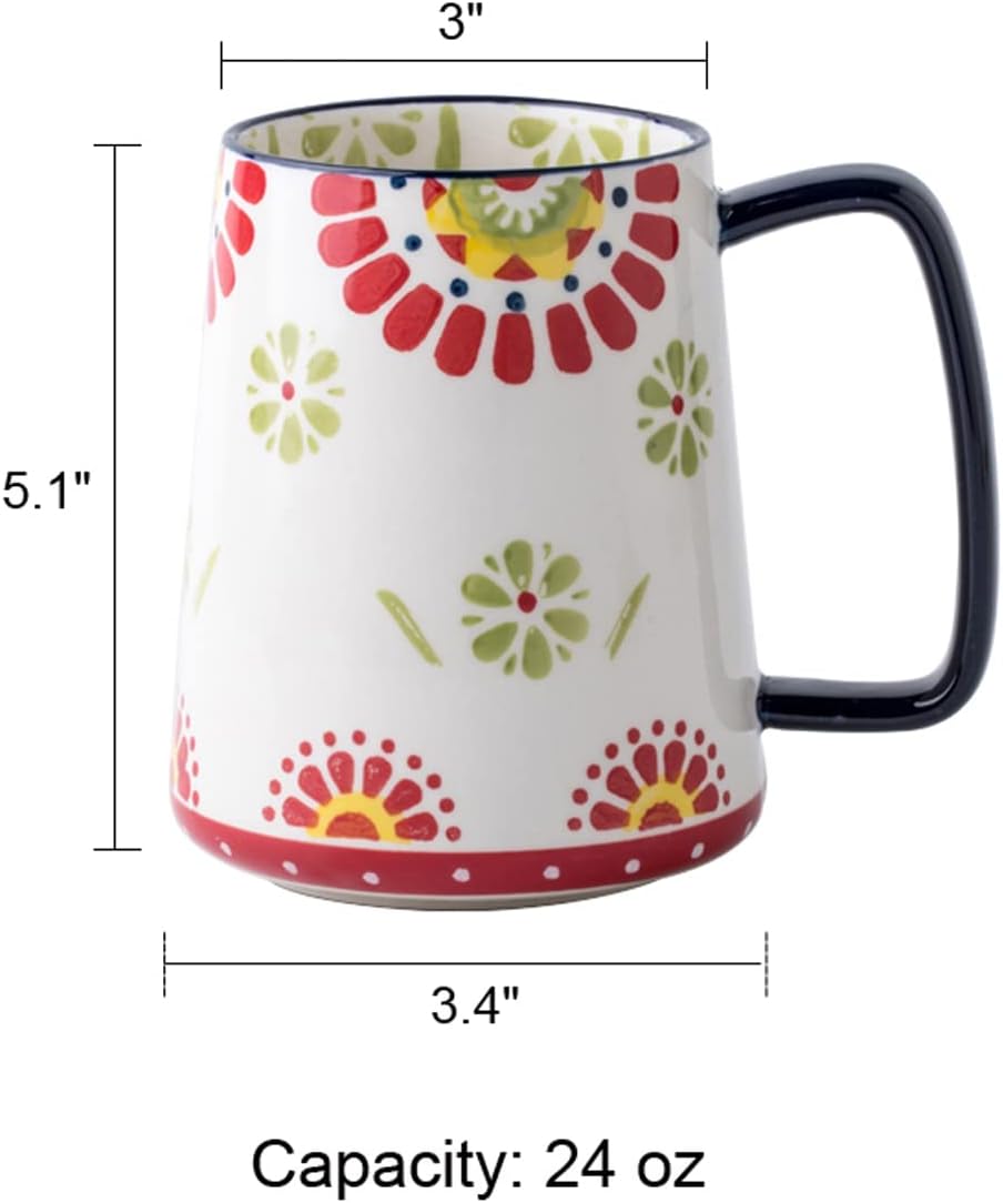 Large Ceramic Coffee Mug, 24 oz Big Tea Cup with Large Handle, Vintage Coffee Cup for Office and Home, Dishwasher and Microwave Safe (Multicolour)