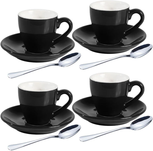homEdge Porcelain Espresso Shot Cup Set with Saucers and Stainless Steel Spoons - 80 ml / 2.67 oz, Set of 4, Black
