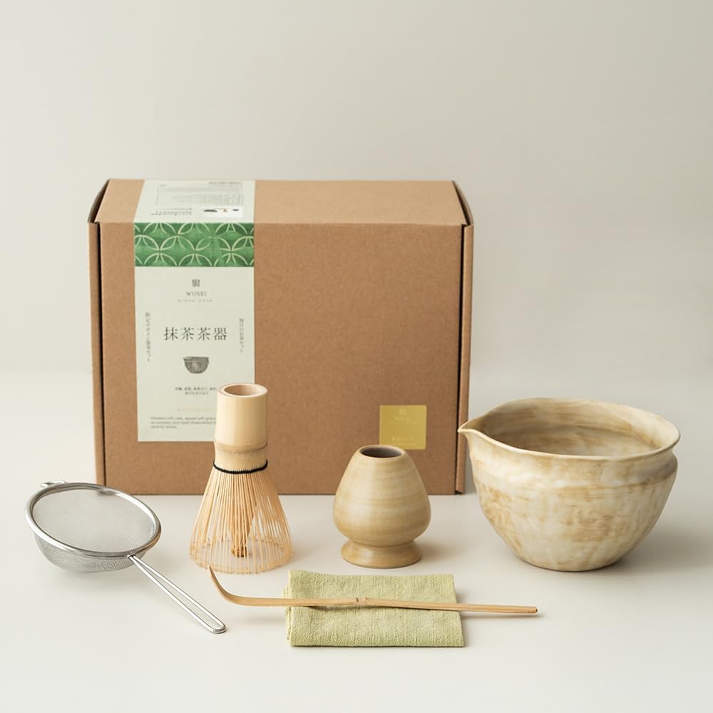 6-pcs Japanese Matcha Whisk Set with Handmade Wabi-Sabi Ceramic Bowl(Chawan),Bamboo Chasen, Whisk Holder, Scoop, Sifter & Tea Towel,Matcha Ceremony Kit,(Cheese-Colored)