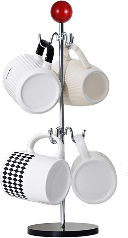 Mug Holder,6 Hooks Coffee Mug Tree for Counter,No Assembly Metal Cup Holder with Stable Acrylic Base,Mug Rack for Coffee Bar Accessories,Red