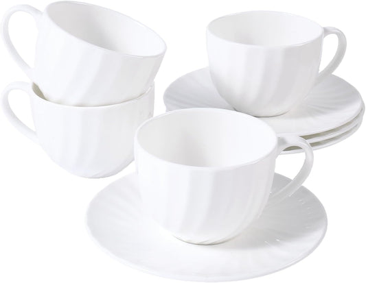 Fine Bone China Cappuccino Mugs Set of 4, 7 Oz Spiral Pattern Lightweight Ceramic, Art Coffee Cups with Saucers, for Latte, Mocha, Tea, Espresso, Macchiato, Americano