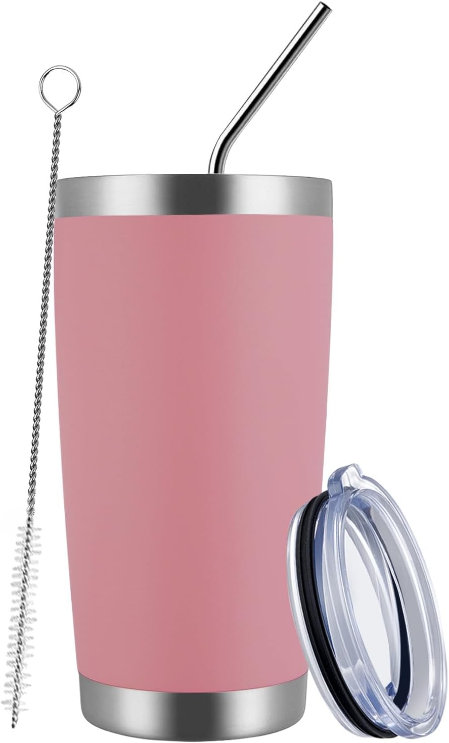 MEWAY 20oz Tumbler Cup Double Wall Vacuum Insulated Travel Mug Bulk, Stainless Steel Tumblers with Lid and Straw, Durable Powder Coated Coffee Cups for Cold & Hot Drinks (Pink, 1)