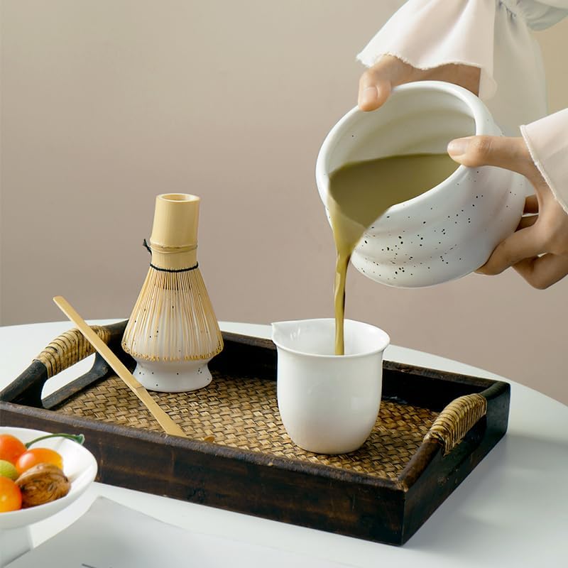 7-piece matcha kit includes matcha bowl. white speckled matcha tea set with bamboo whisk -, sifter, scoop, stainless steel filter, tea caddy, cloth & gift box - for matcha green (4)