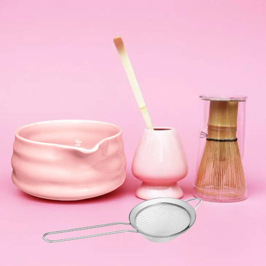 Cute Pink Matcha Whisk Set of 5 for Matcha Tea,Matcha Powder Kit（Bowl with Spout+bamboo Whisk and Holder+Strainer+Scoop）for Macha Starter Making Tools with Small Sifter Sieve Mixer Wisk Chasen Chawan