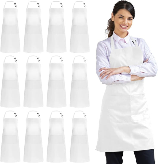Syntus 12 Pack Bib Apron, Unisex Aprons Adjustable Thicker Version Waterdrop Resistant with 2 Pockets Cooking Kitchen Aprons for Women Men Chef, BBQ Drawing Apron Bulk, White